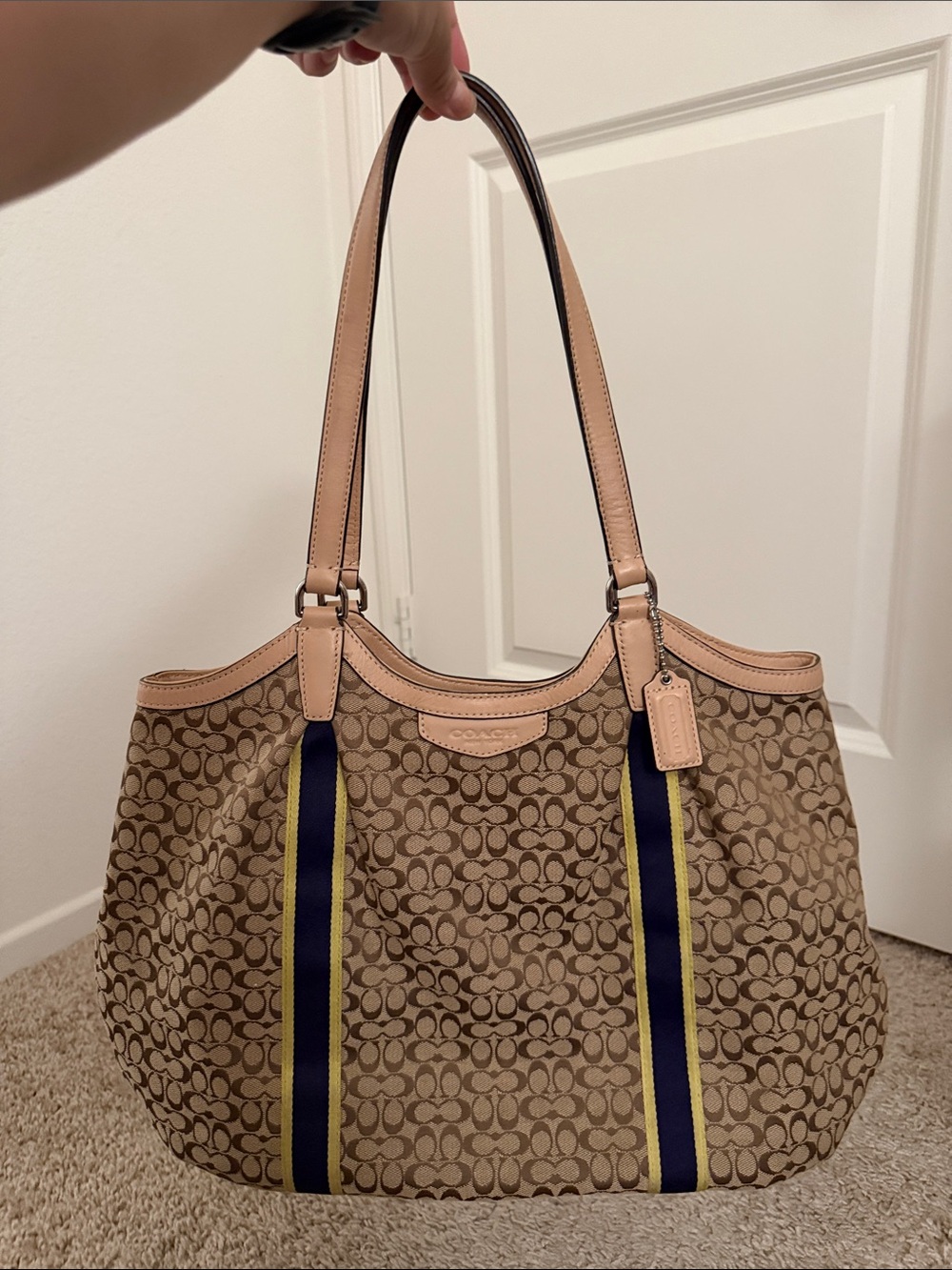 Coach Canvas Tote with Navy & Yellow Stripe Accents